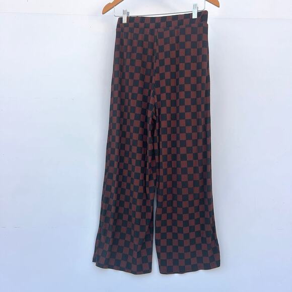 Dressed In LALA Lex Ribbed Playsuit Mocha Brown Black Checkered Set Pants Medium - Picture 9 of 12